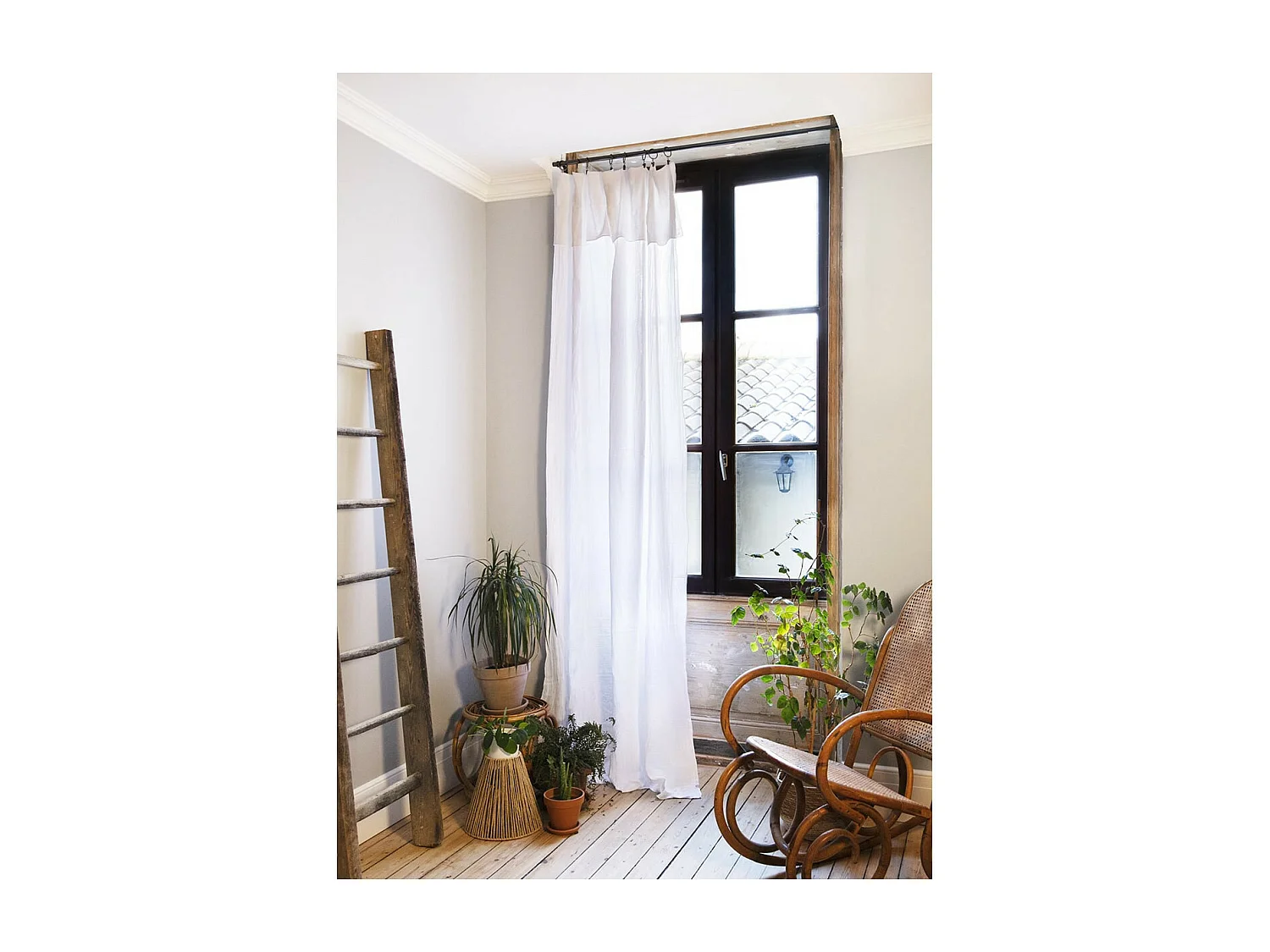 OUREA - Rideau Ajustable 140x300 cm Gaze de Coton Chantilly + 8 Anneaux Pince