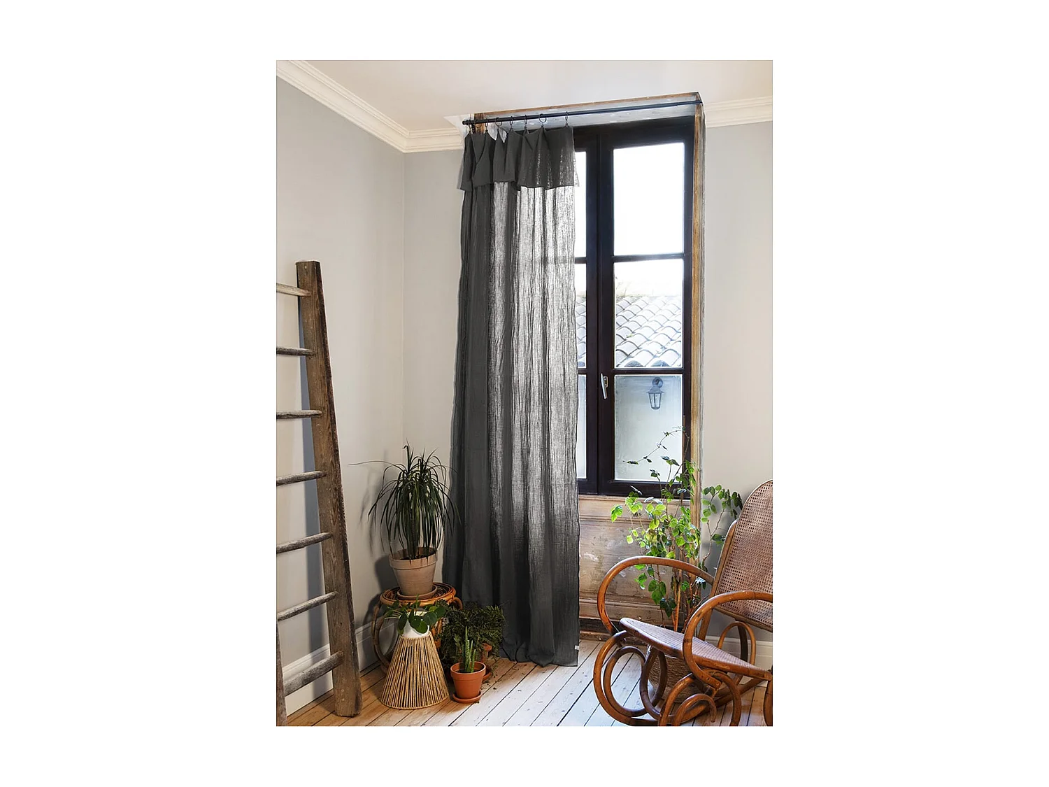 OUREA - Rideau Ajustable 140x300 cm Gaze de Coton Granit + 8 Anneaux Pince