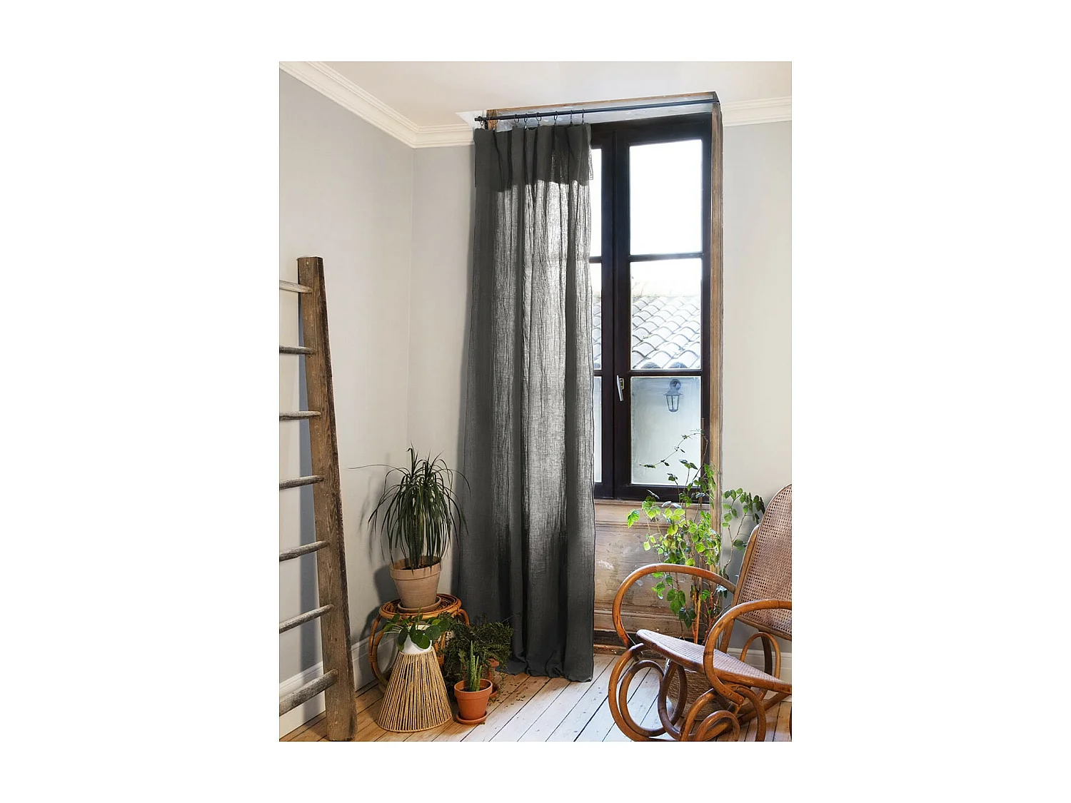 OUREA - Rideau Ajustable 140x300 cm Gaze de Coton Granit + 8 Anneaux Pince