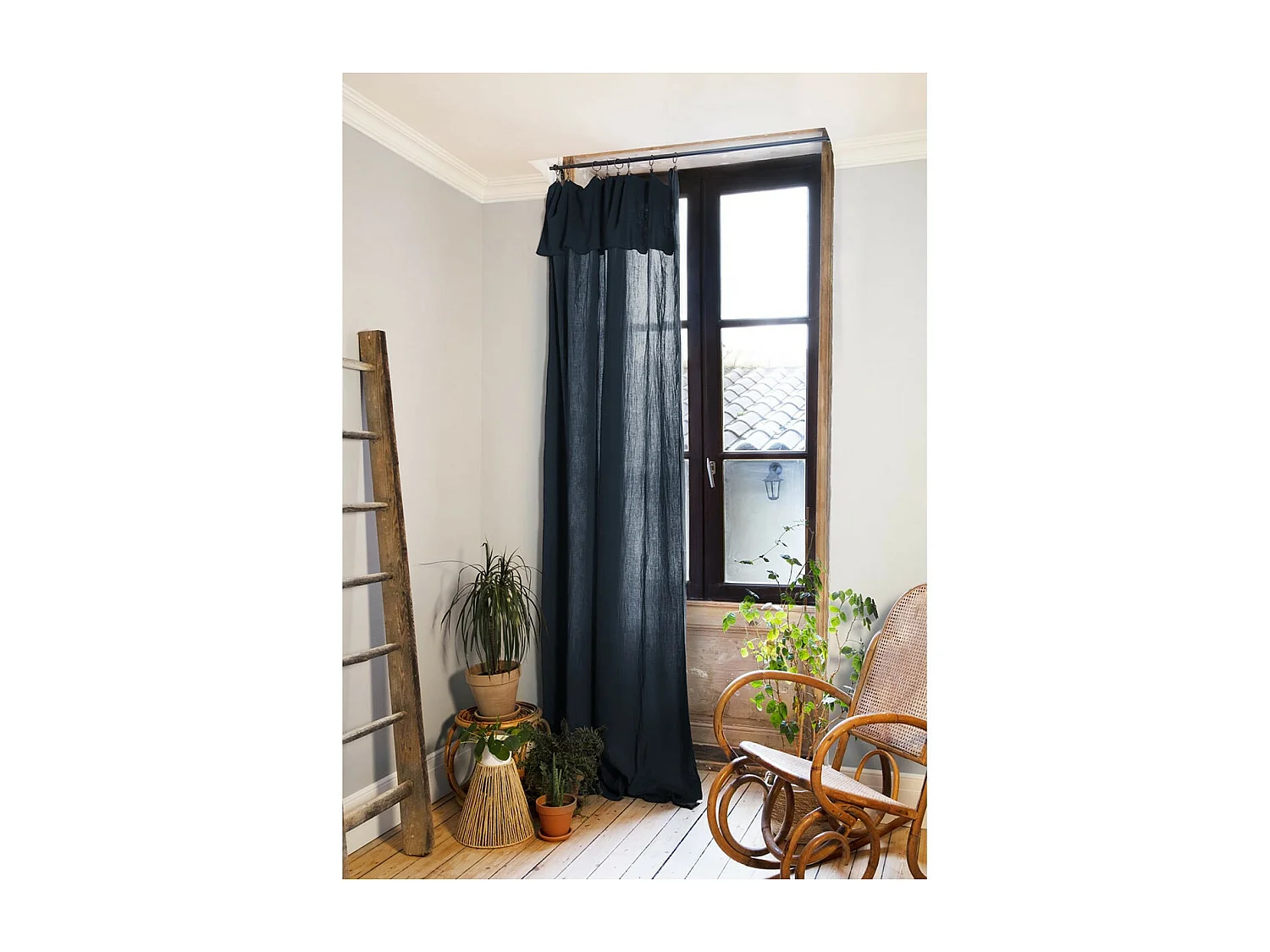 OUREA - Rideau Ajustable 140x300 cm Gaze de Coton Minuit + 8 Anneaux Pince