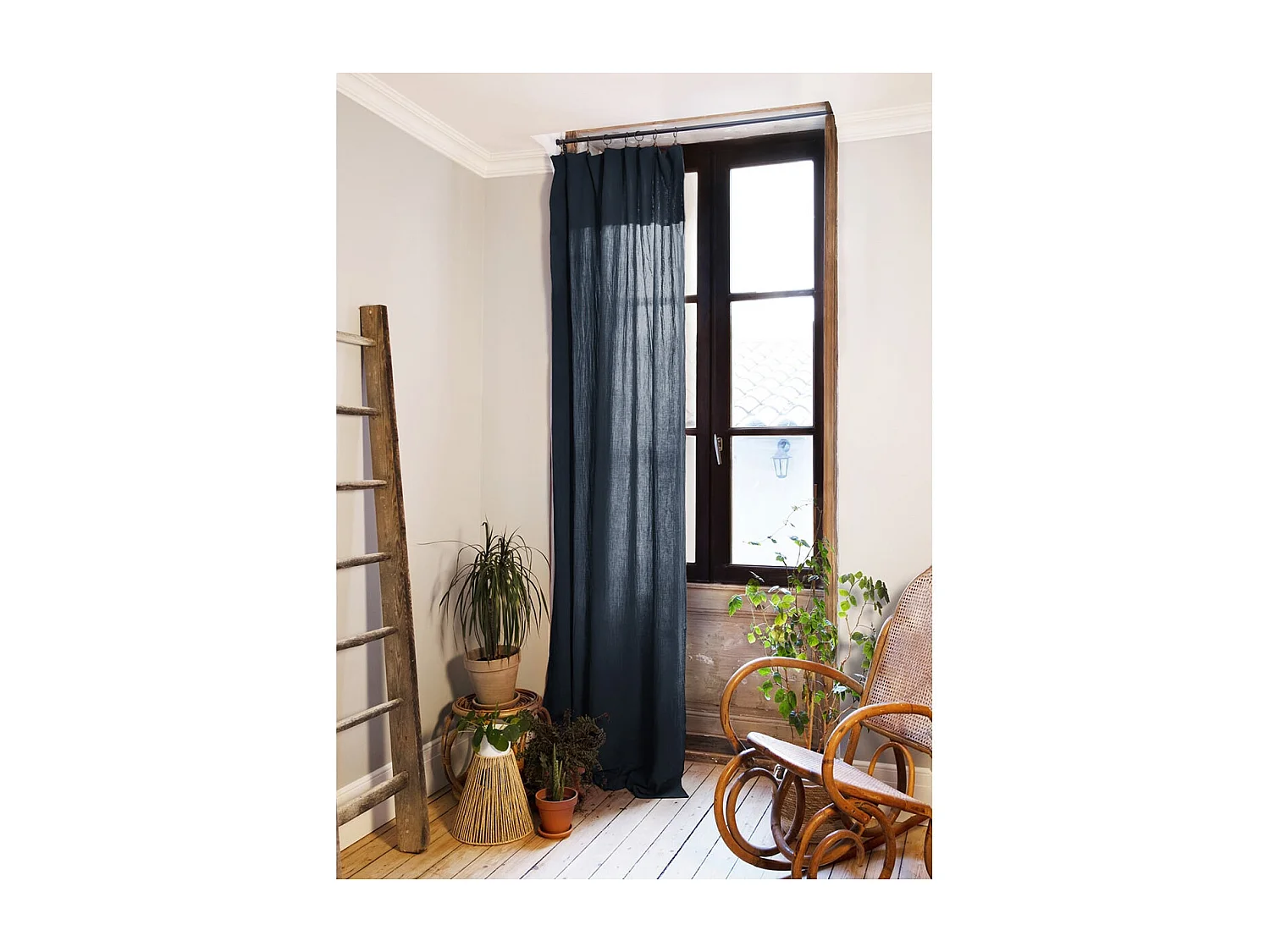 OUREA - Rideau Ajustable 140x300 cm Gaze de Coton Minuit + 8 Anneaux Pince