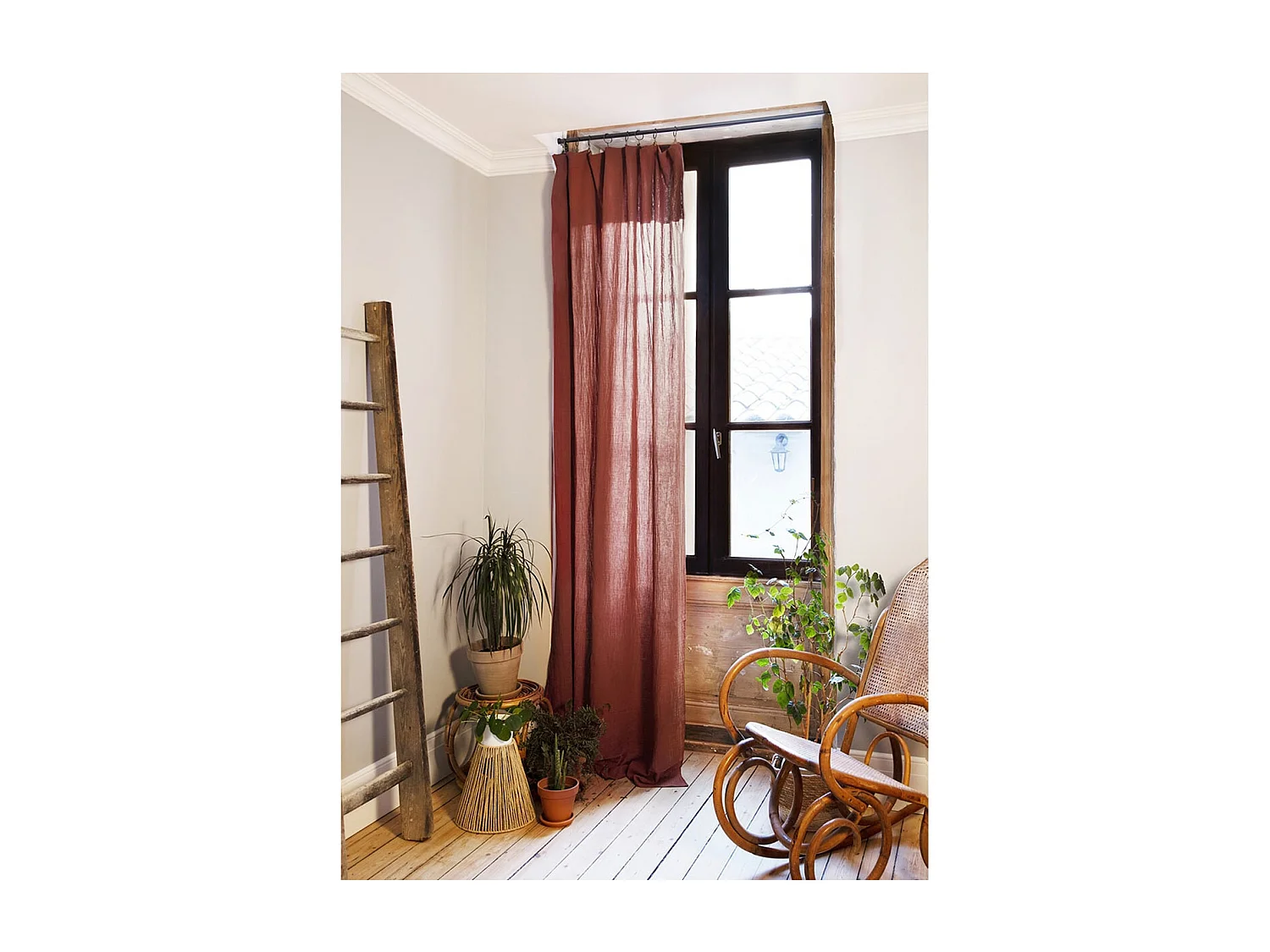 OUREA - Rideau Ajustable 140x300 cm Gaze de Coton Terracotta + 8 Anneaux Pince