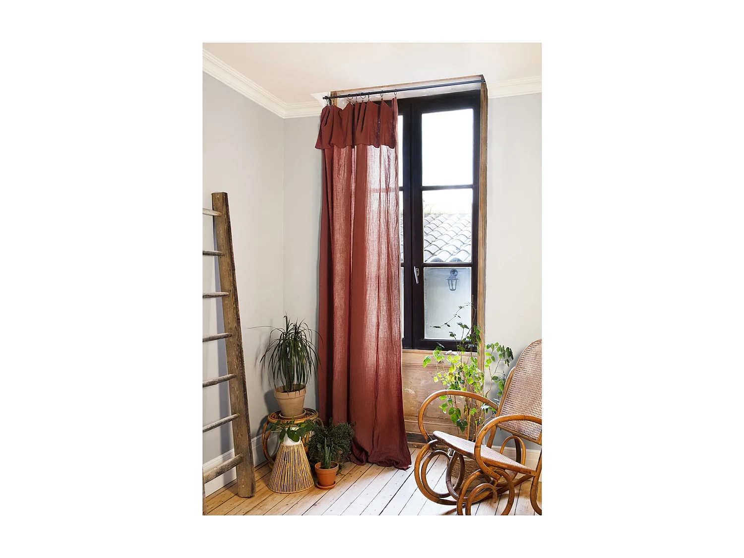 OUREA - Rideau Ajustable 140x300 cm Gaze de Coton Terracotta + 8 Anneaux Pince