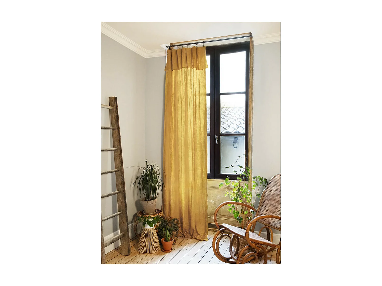 OUREA - Rideau Ajustable 140x300 cm Gaze de Coton Safran + 8 Anneaux Pince