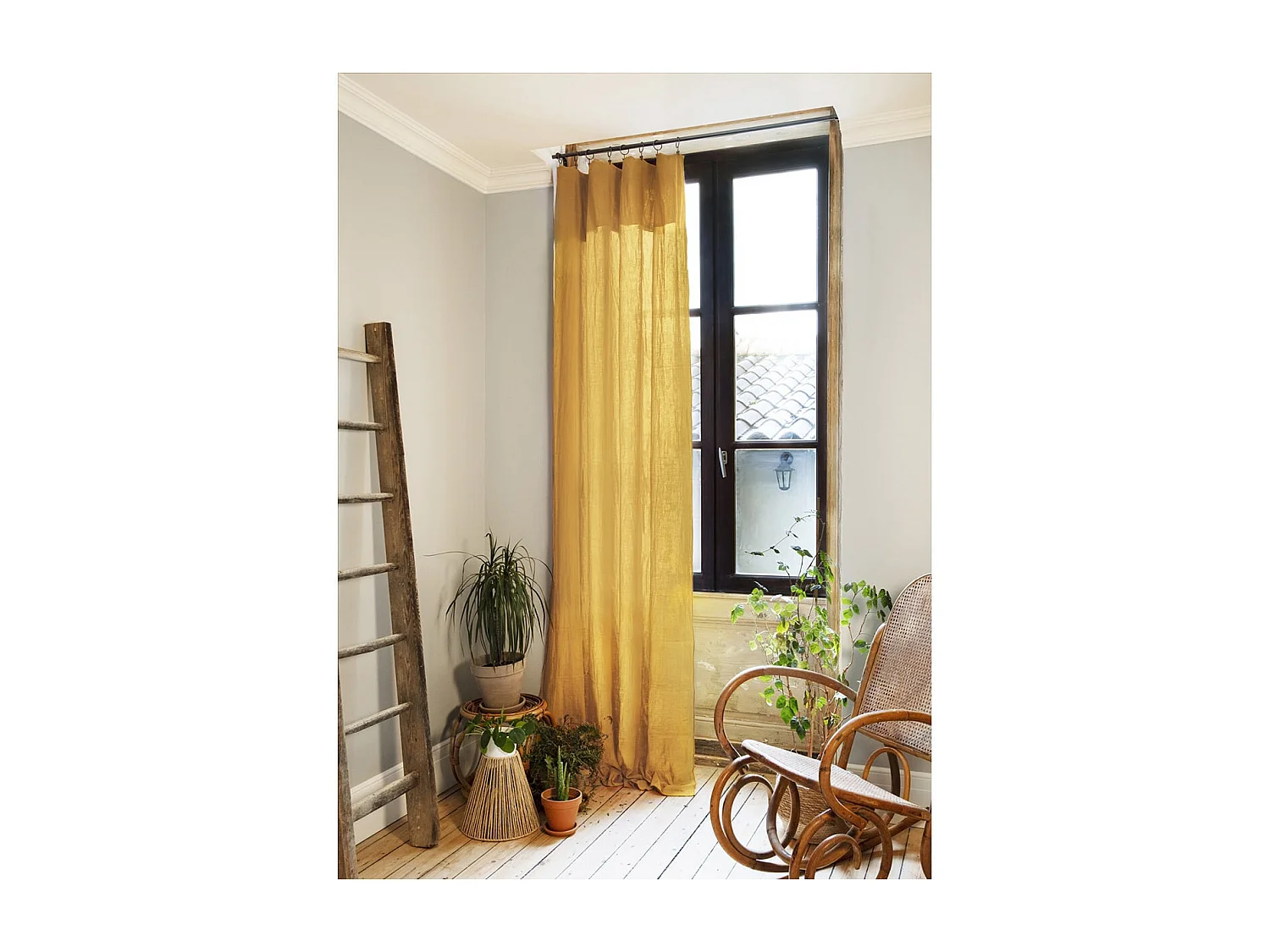 OUREA - Rideau Ajustable 140x300 cm Gaze de Coton Safran + 8 Anneaux Pince