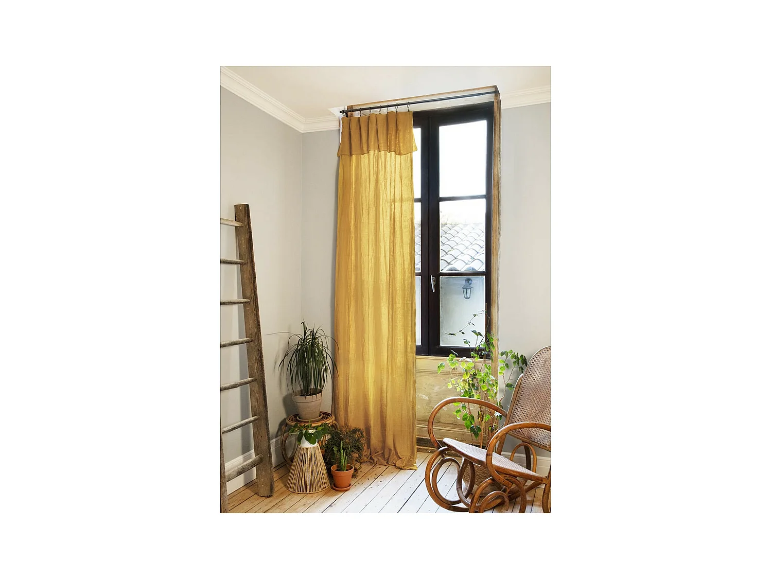 OUREA - Rideau Ajustable 140x300 cm Gaze de Coton Safran + 8 Anneaux Pince