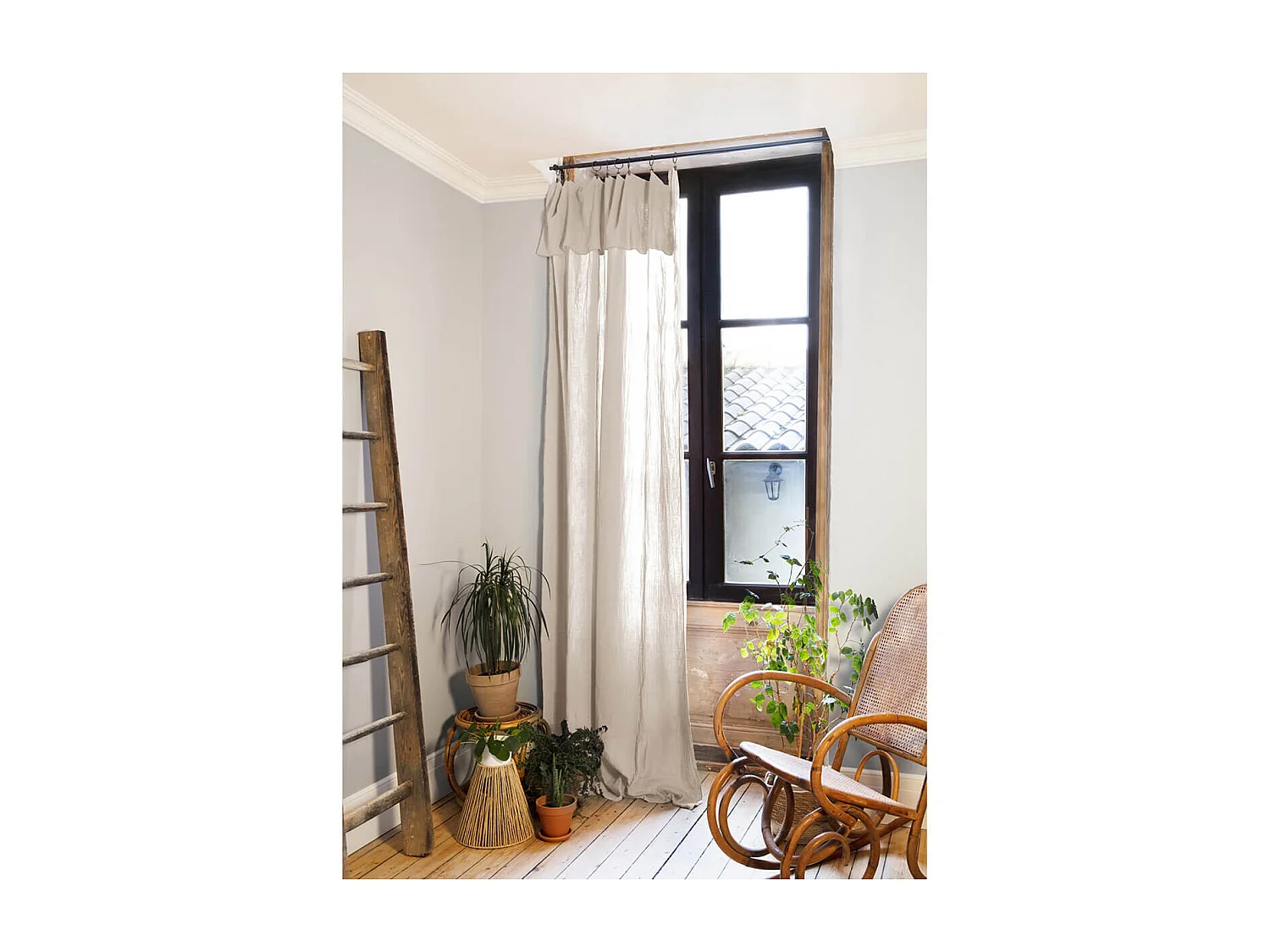 OUREA - Rideau Ajustable 140x300 cm Gaze de Coton Pampa + 8 Anneaux Pince