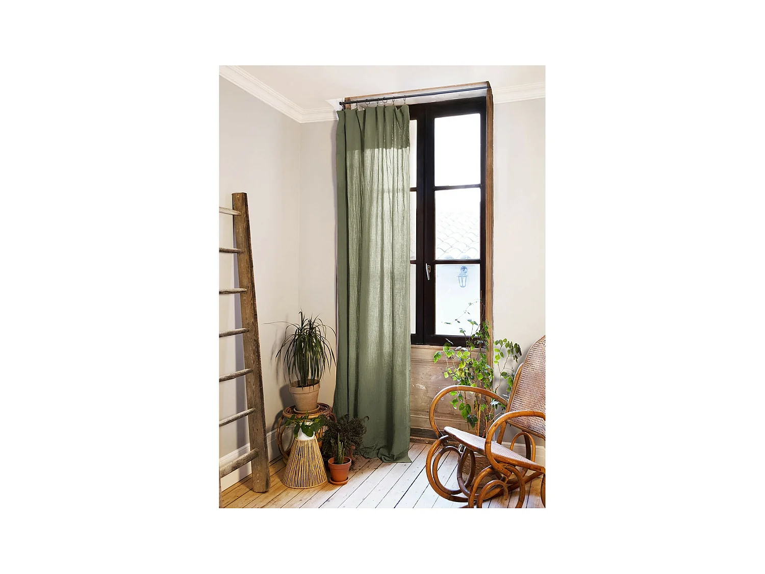 OUREA - Rideau Ajustable 140x300 cm Gaze de Coton Romarin + 8 Anneaux Pince