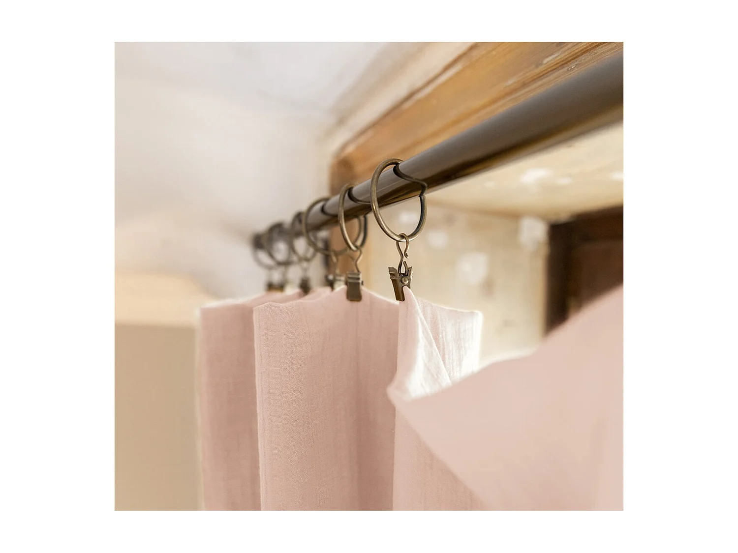 OUREA - Rideau Ajustable 140x300 cm Gaze de Coton Guimauve + 8 Anneaux Pince