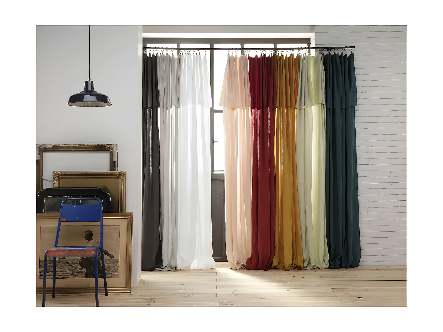 OUREA - Rideau Ajustable 140x300 cm Gaze de Coton Rose Pêche + 8 Anneaux Pince