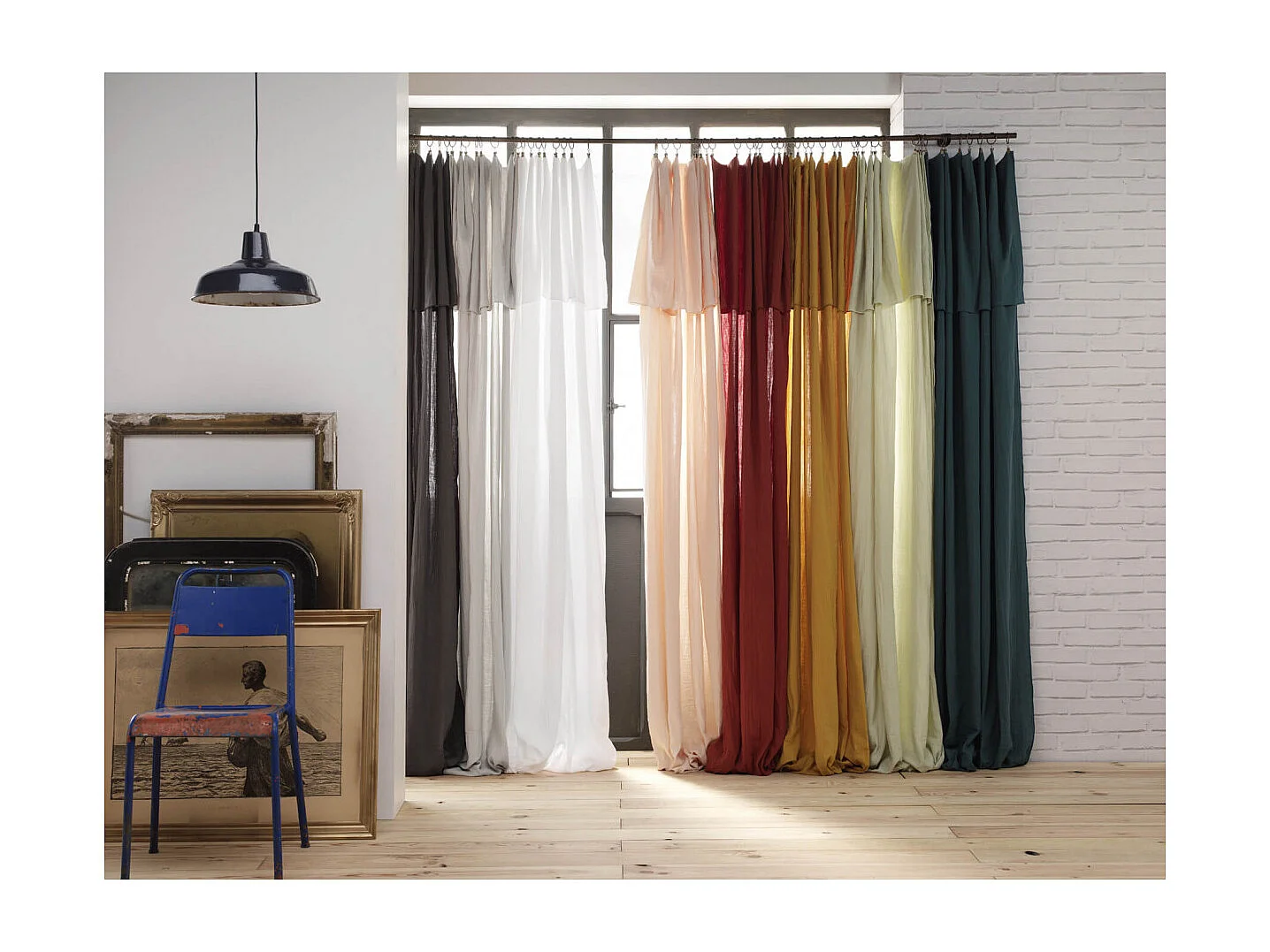 OUREA - Rideau Ajustable 140x300 cm Gaze de Coton Rose Pêche + 8 Anneaux Pince