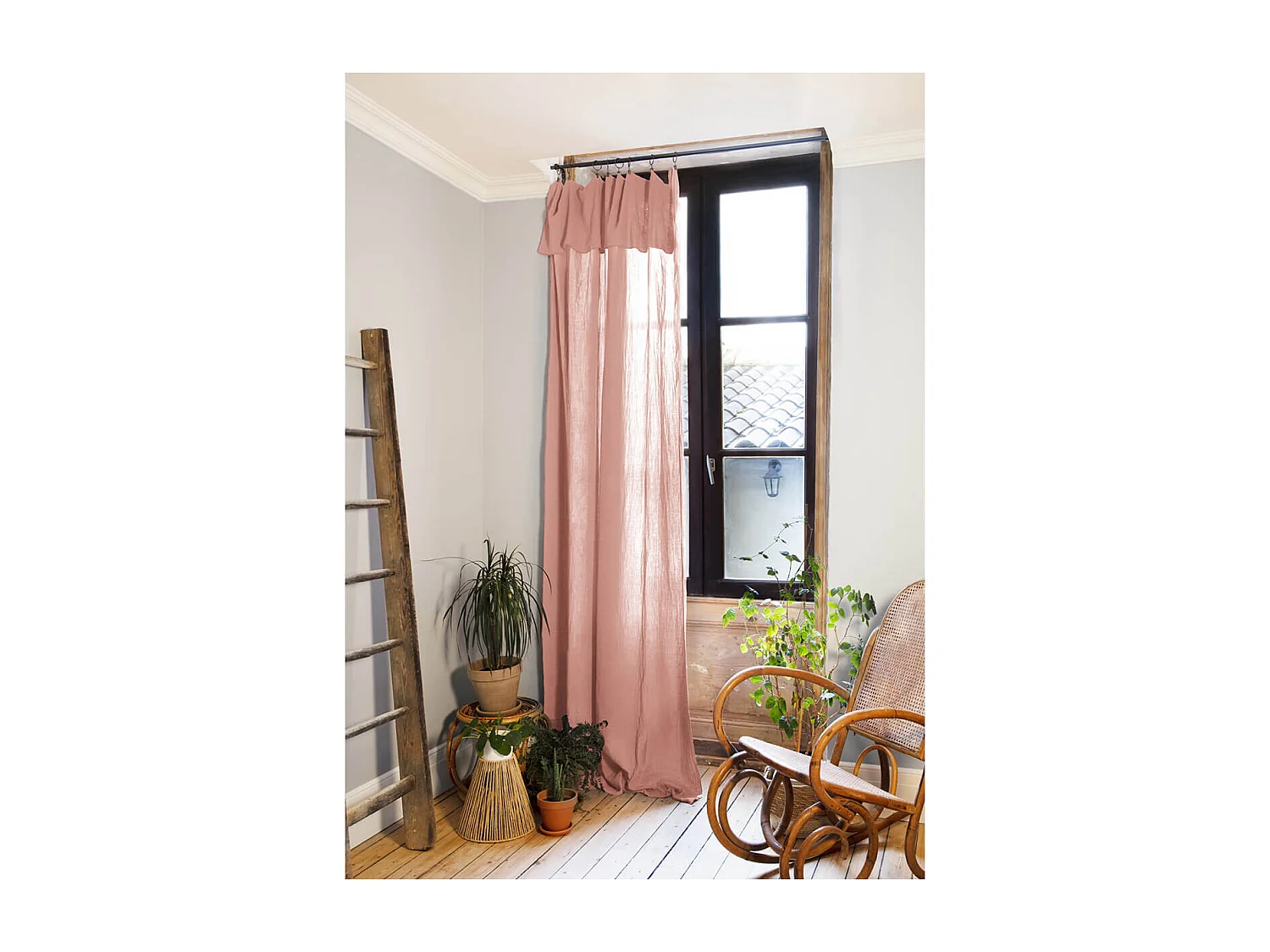 OUREA - Rideau Ajustable 140x300 cm Gaze de Coton Rose Pêche + 8 Anneaux Pince