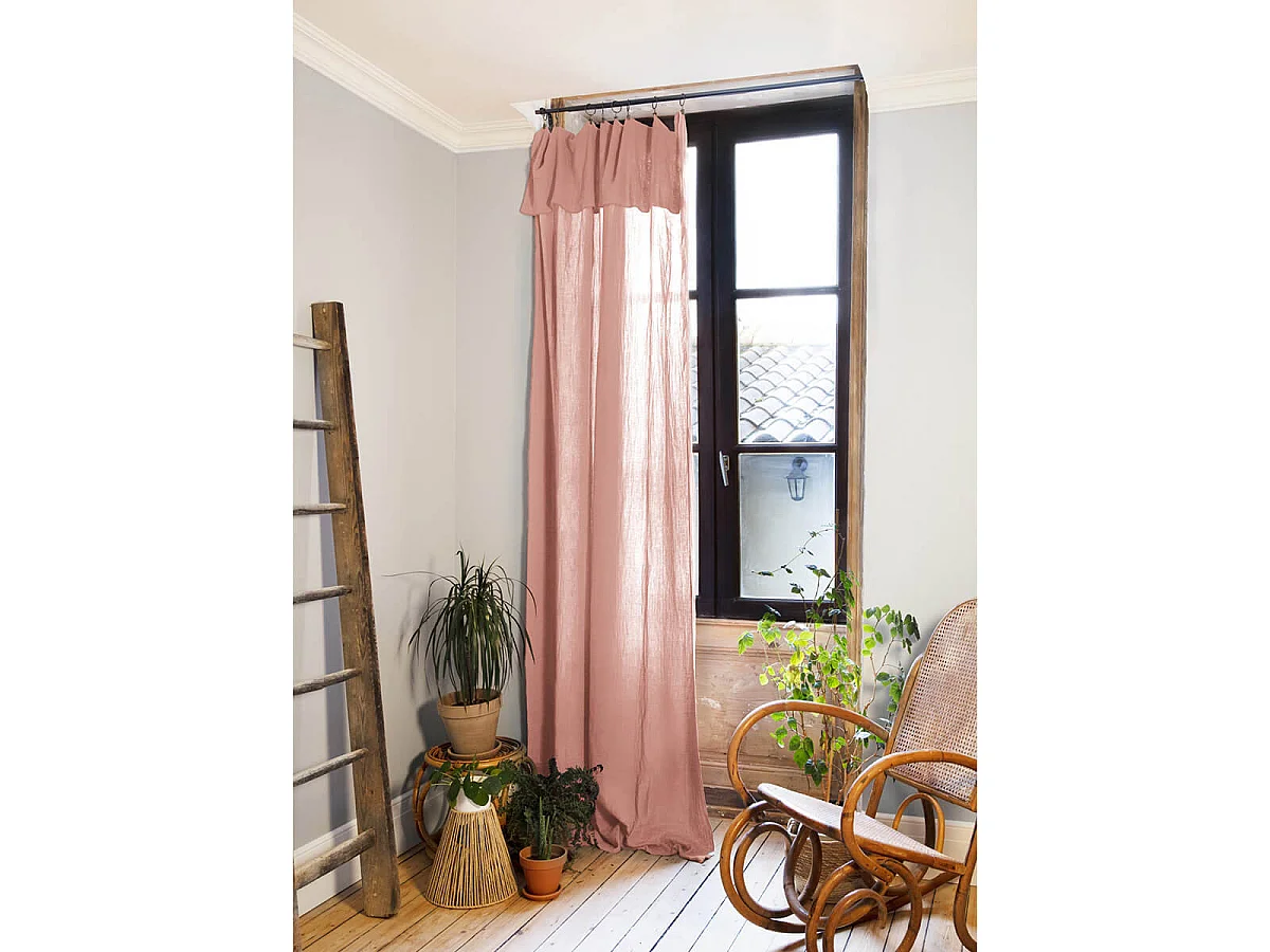 OUREA - Rideau Ajustable 140x300 cm Gaze de Coton Rose Pêche + 8 Anneaux Pince