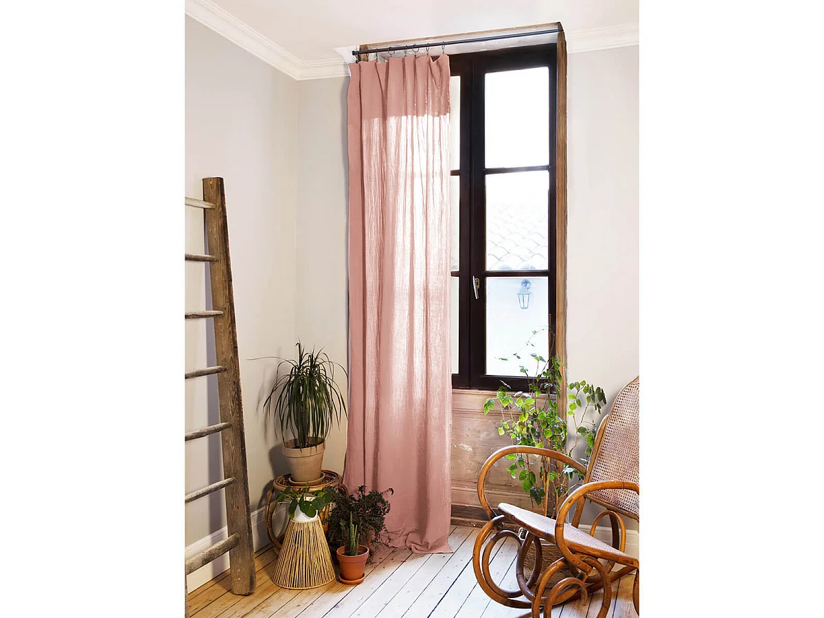 OUREA - Rideau Ajustable 140x300 cm Gaze de Coton Rose Pêche + 8 Anneaux Pince
