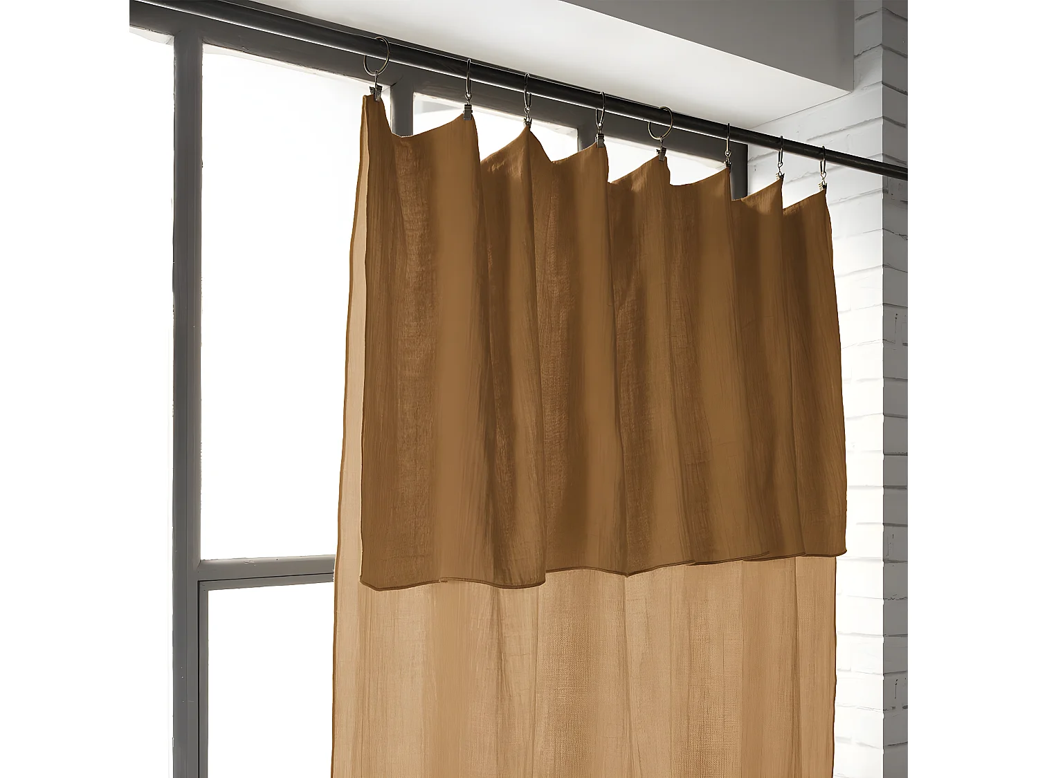 OUREA - Rideau Ajustable 140x300 cm Gaze de Coton Camel + 8 Anneaux Pince