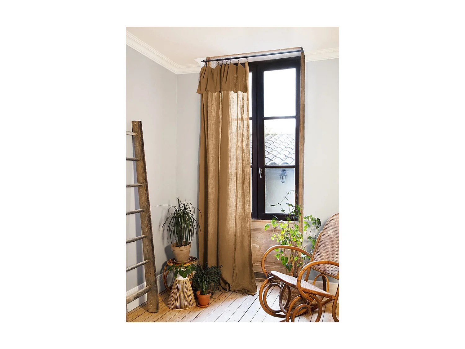 OUREA - Rideau Ajustable 140x300 cm Gaze de Coton Camel + 8 Anneaux Pince