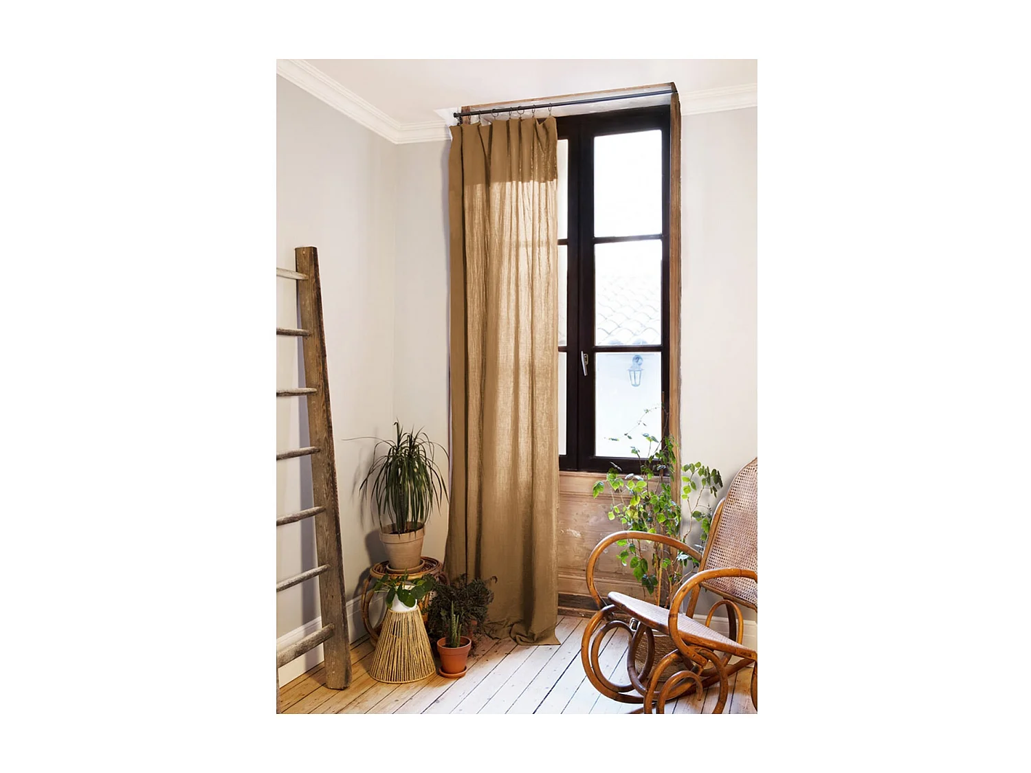 OUREA - Rideau Ajustable 140x300 cm Gaze de Coton Camel + 8 Anneaux Pince