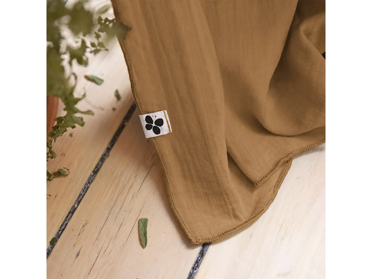 OUREA - Rideau Ajustable 140x300 cm Gaze de Coton Camel + 8 Anneaux Pince