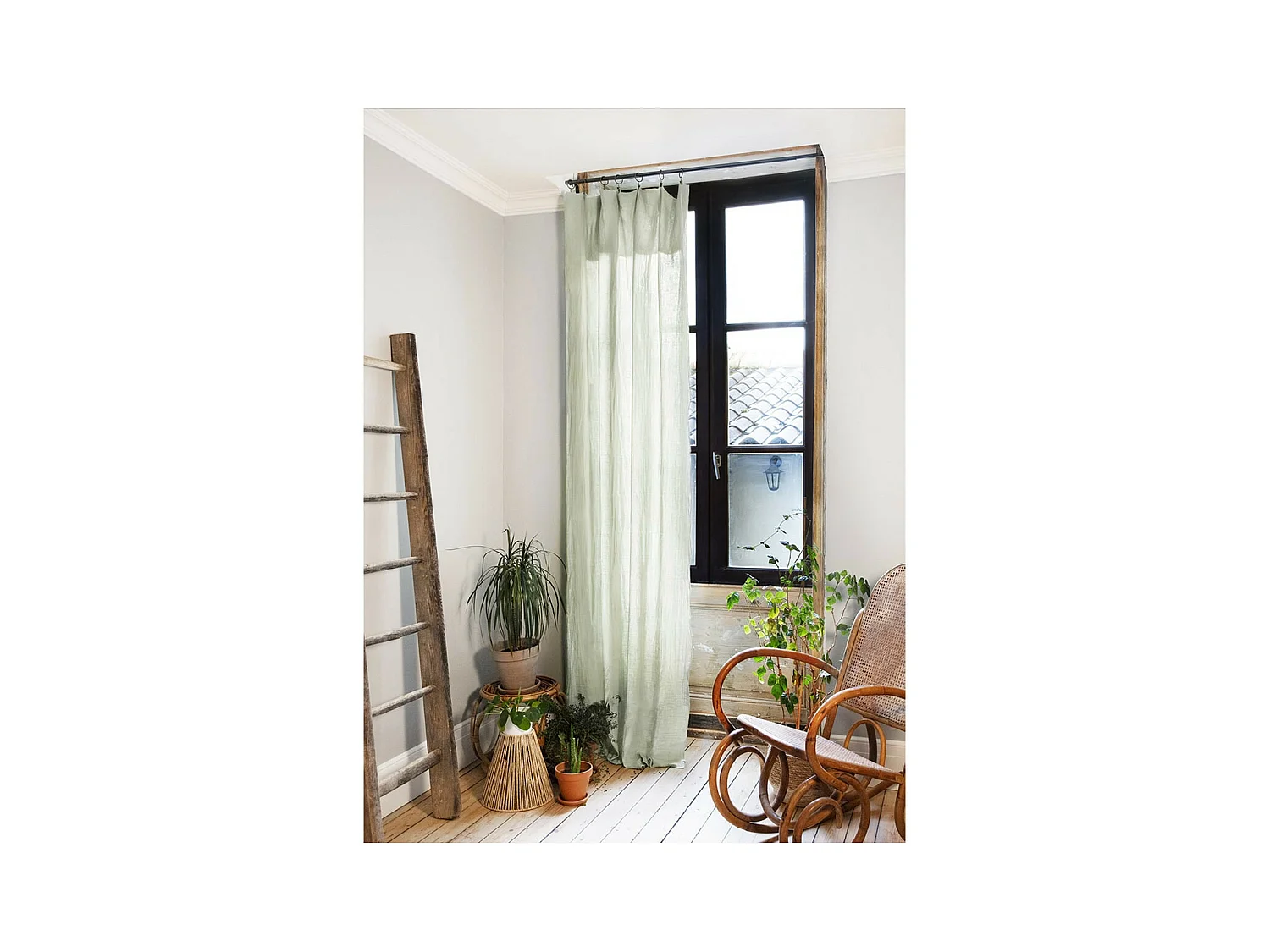 OUREA - Rideau Ajustable 140x300 cm Gaze de Coton Vert d'Eau + 8 Anneaux Pince