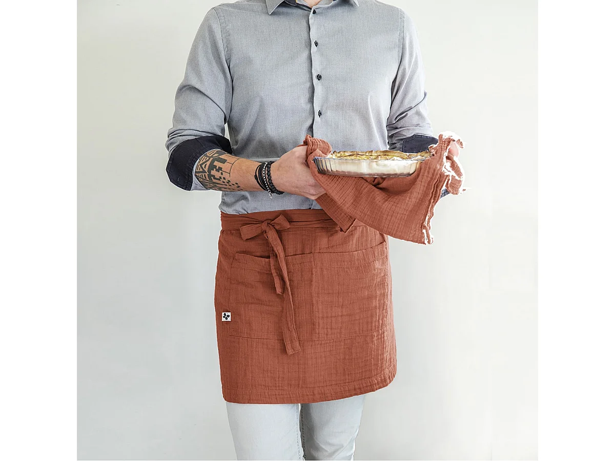 OUREA - Demi-Tablier avec Double Poche Gaze de Coton Terracotta