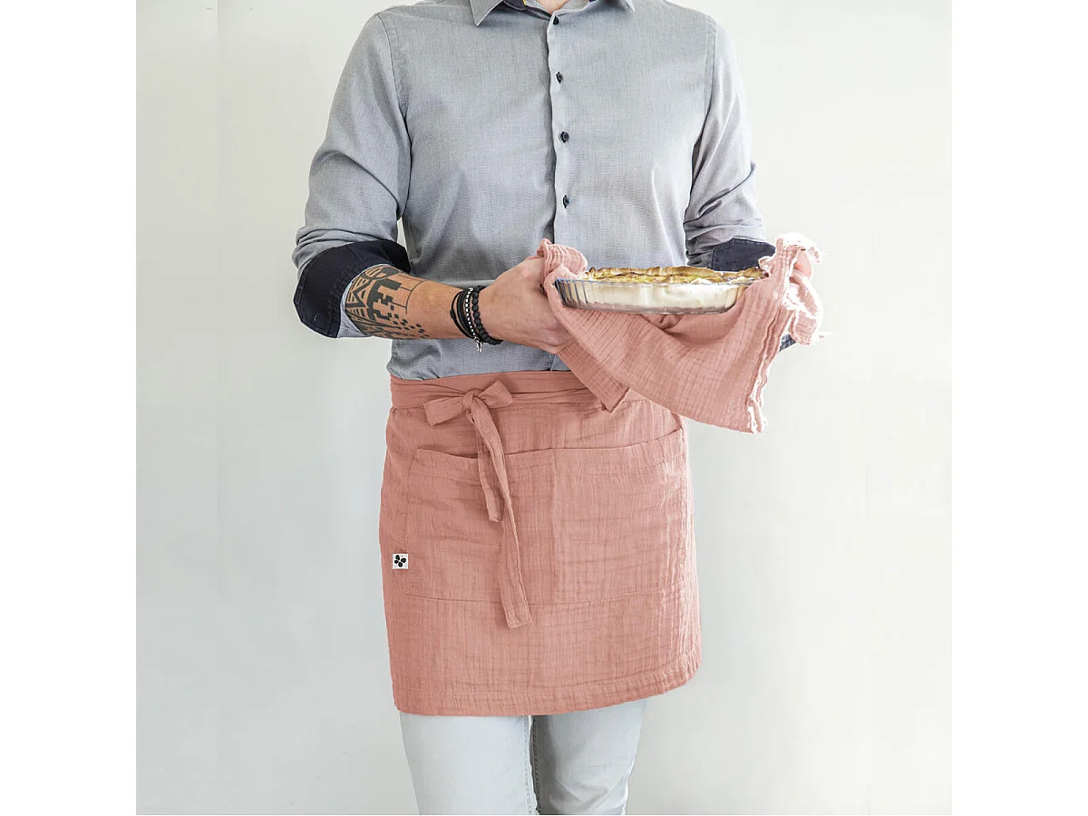 OUREA - Demi-Tablier avec Double Poche Gaze de Coton Rose Pêche