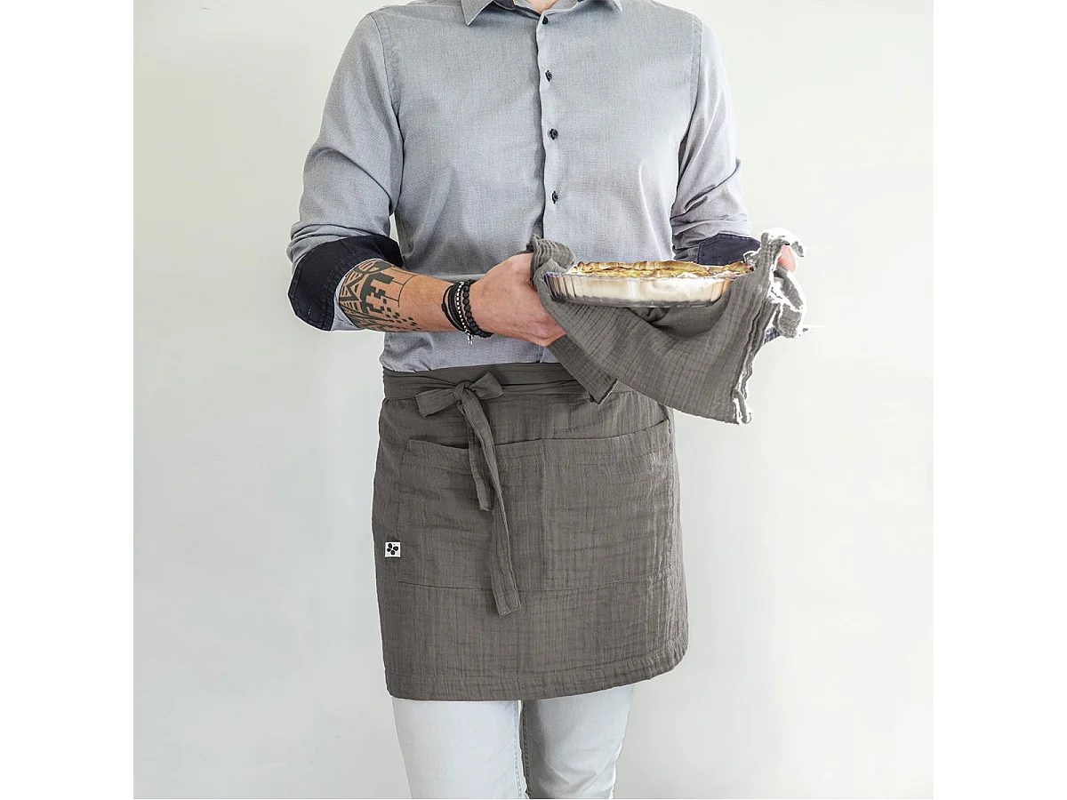 OUREA - Demi-Tablier avec Double Poche Gaze de Coton Granit