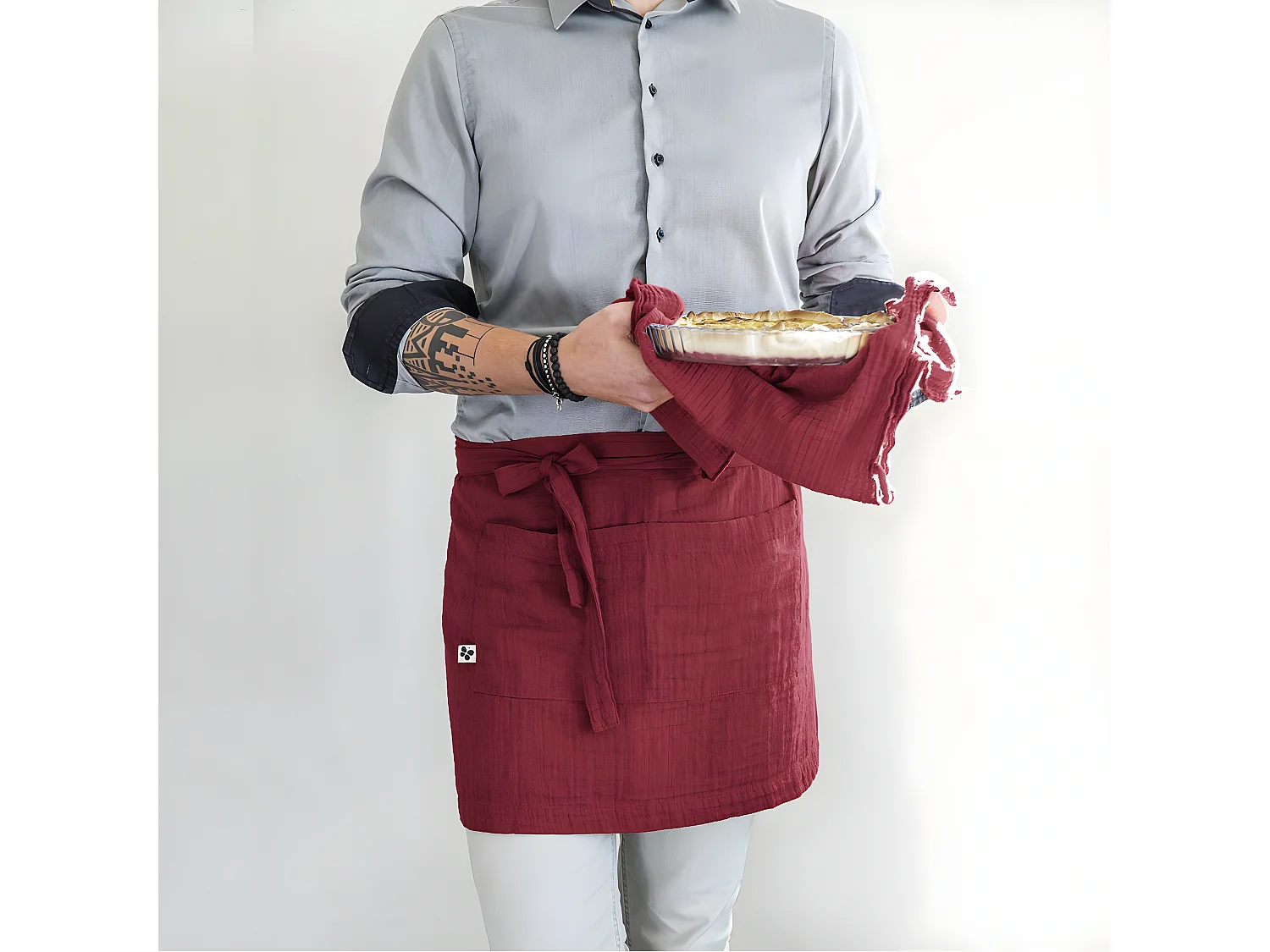 OUREA - Demi-Tablier avec Double Poche Gaze de Coton Lie de Vin