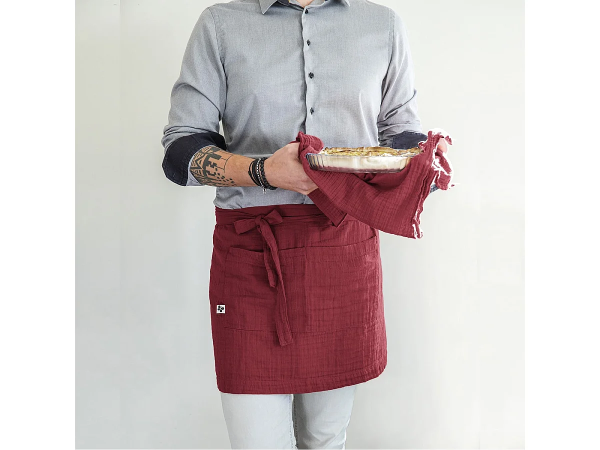 OUREA - Demi-Tablier avec Double Poche Gaze de Coton Lie de Vin