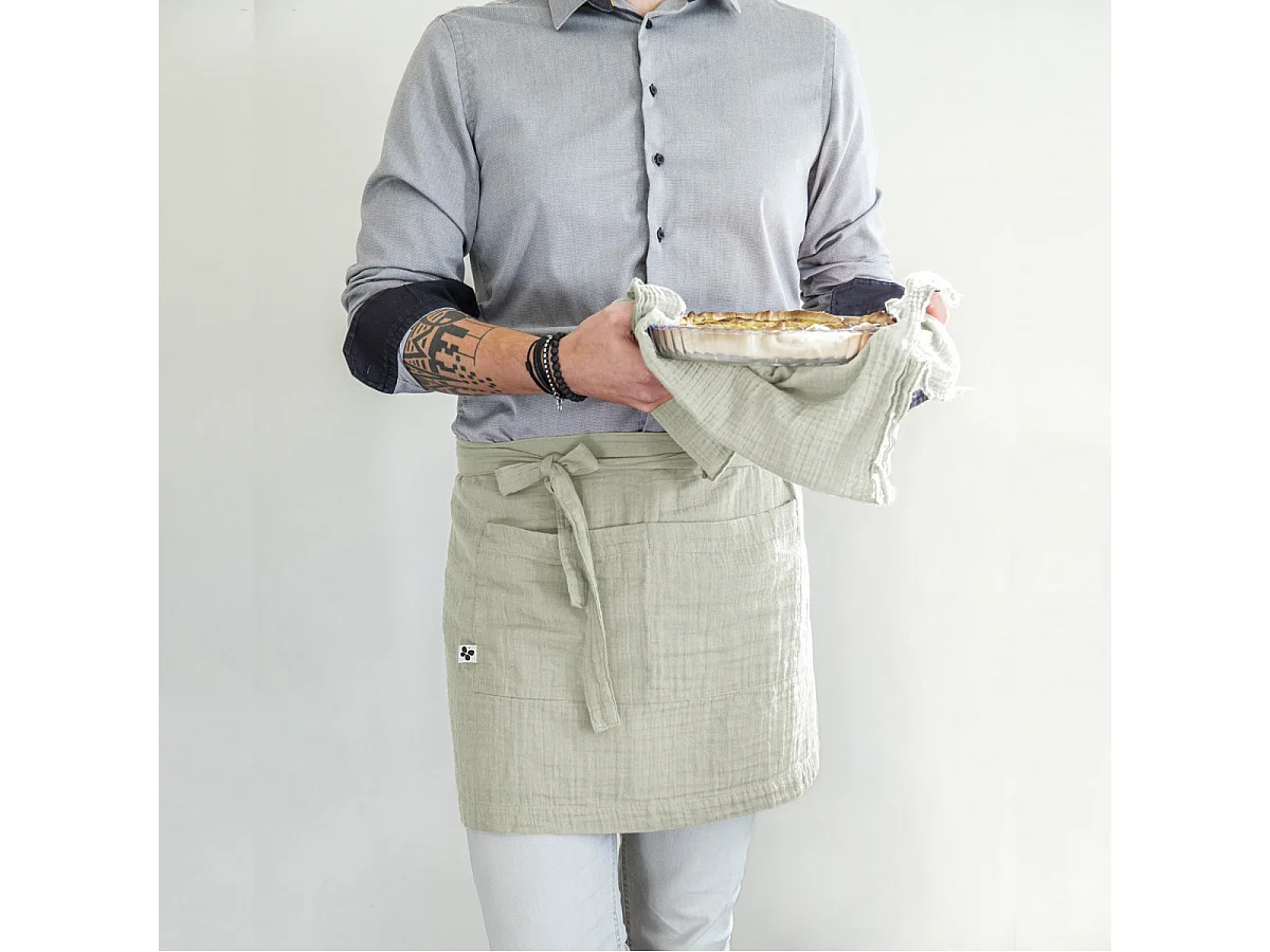 OUREA - Demi-Tablier avec Double Poche Gaze de Coton Vert d'Eau