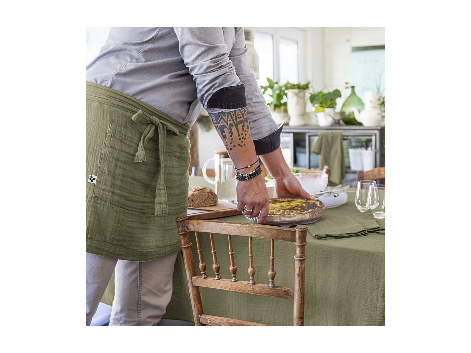 OUREA - Demi-Tablier avec Double Poche Gaze de Coton Romarin