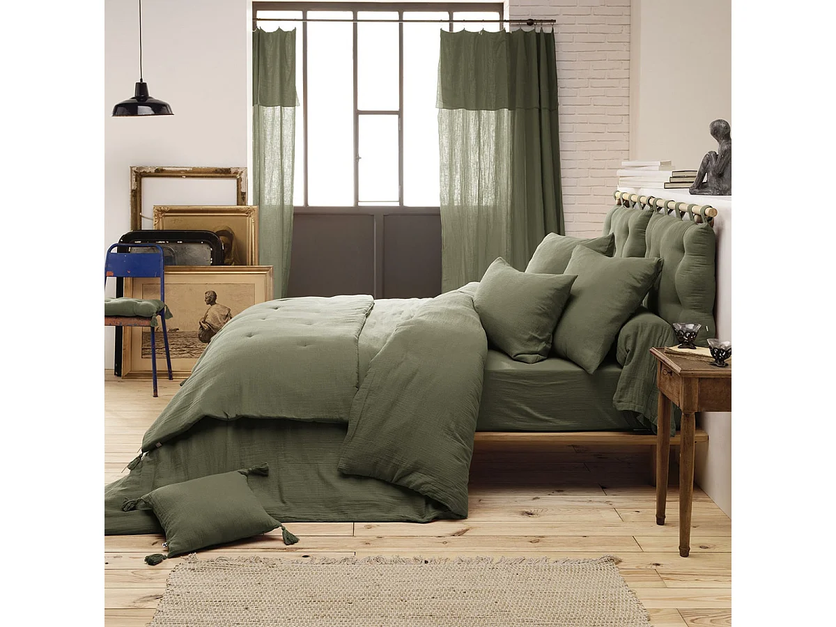 OUREA - Chemin de Lit 90x200cm Capitonné Gaze de Coton Romarin Olive