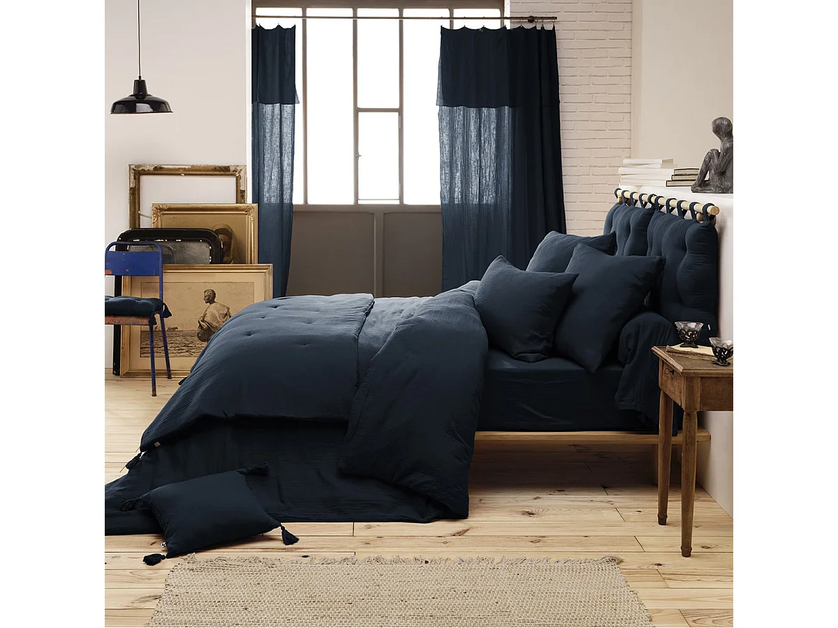 OUREA - Chemin de Lit 90x200cm Capitonné Gaze de Coton Minuit