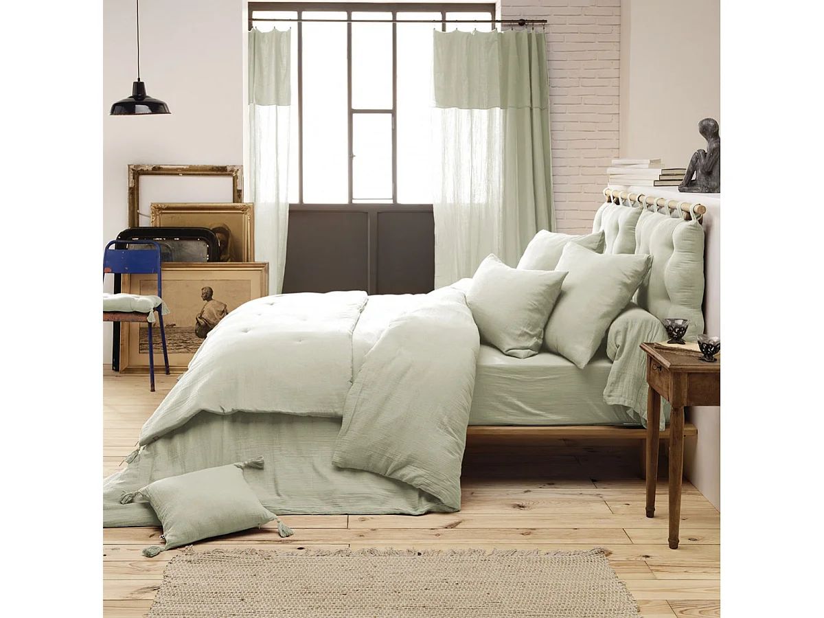 OUREA - Chemin de Lit 90x200cm Capitonné Gaze de Coton Vert d'Eau