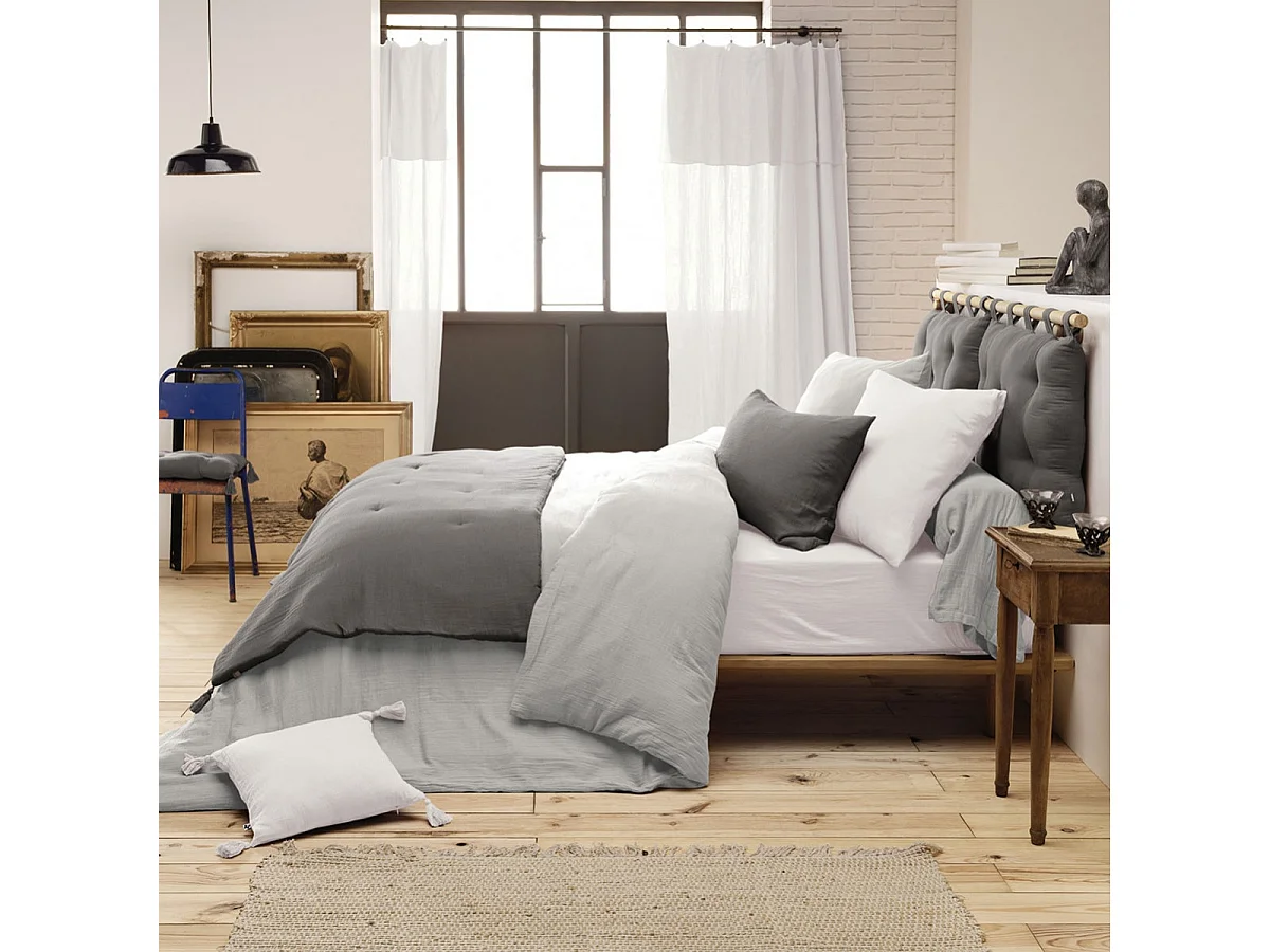 OUREA - Chemin de Lit 90x200cm Capitonné Gaze de Coton Granit