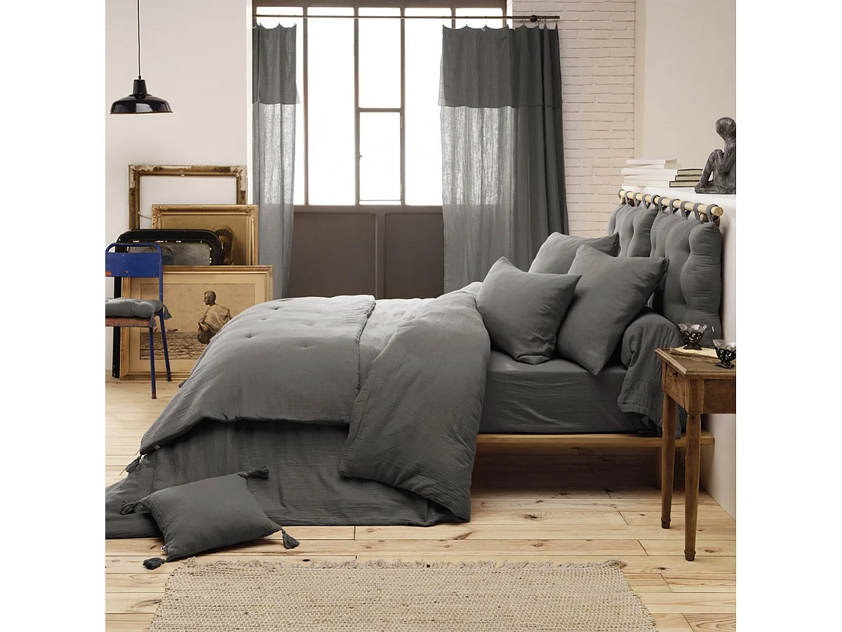 OUREA - Chemin de Lit 90x200cm Capitonné Gaze de Coton Granit