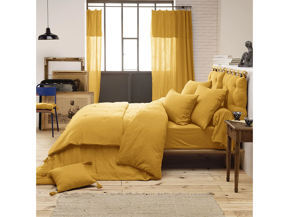 OUREA - Chemin de Lit 90x200cm Capitonné Gaze de Coton Safran