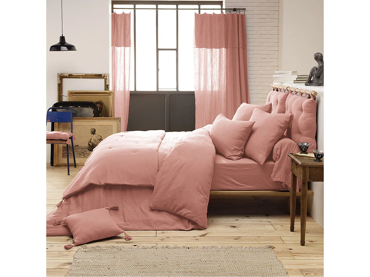 OUREA - Chemin de Lit 90x200cm Capitonné Gaze de Coton Rose Pêche