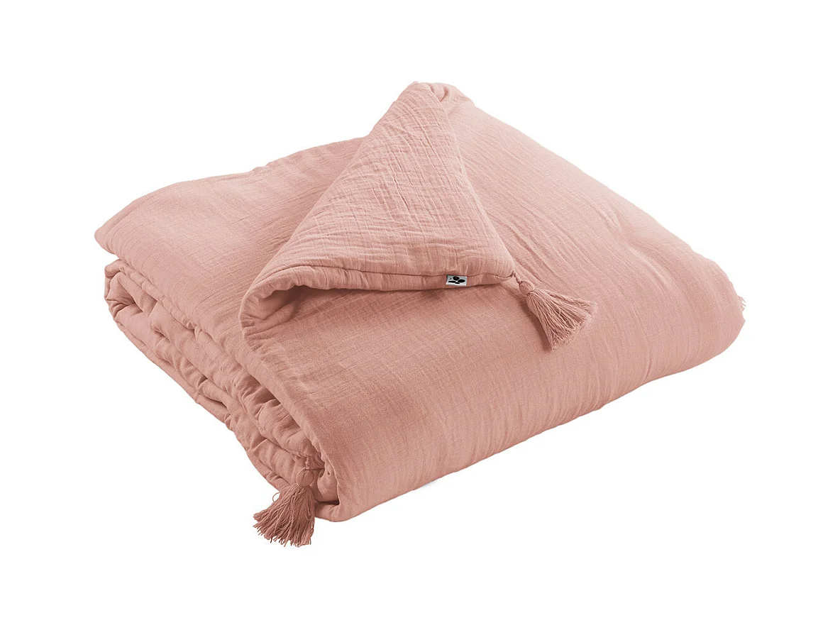 OUREA - Chemin de Lit 90x200cm Capitonné Gaze de Coton Rose Pêche