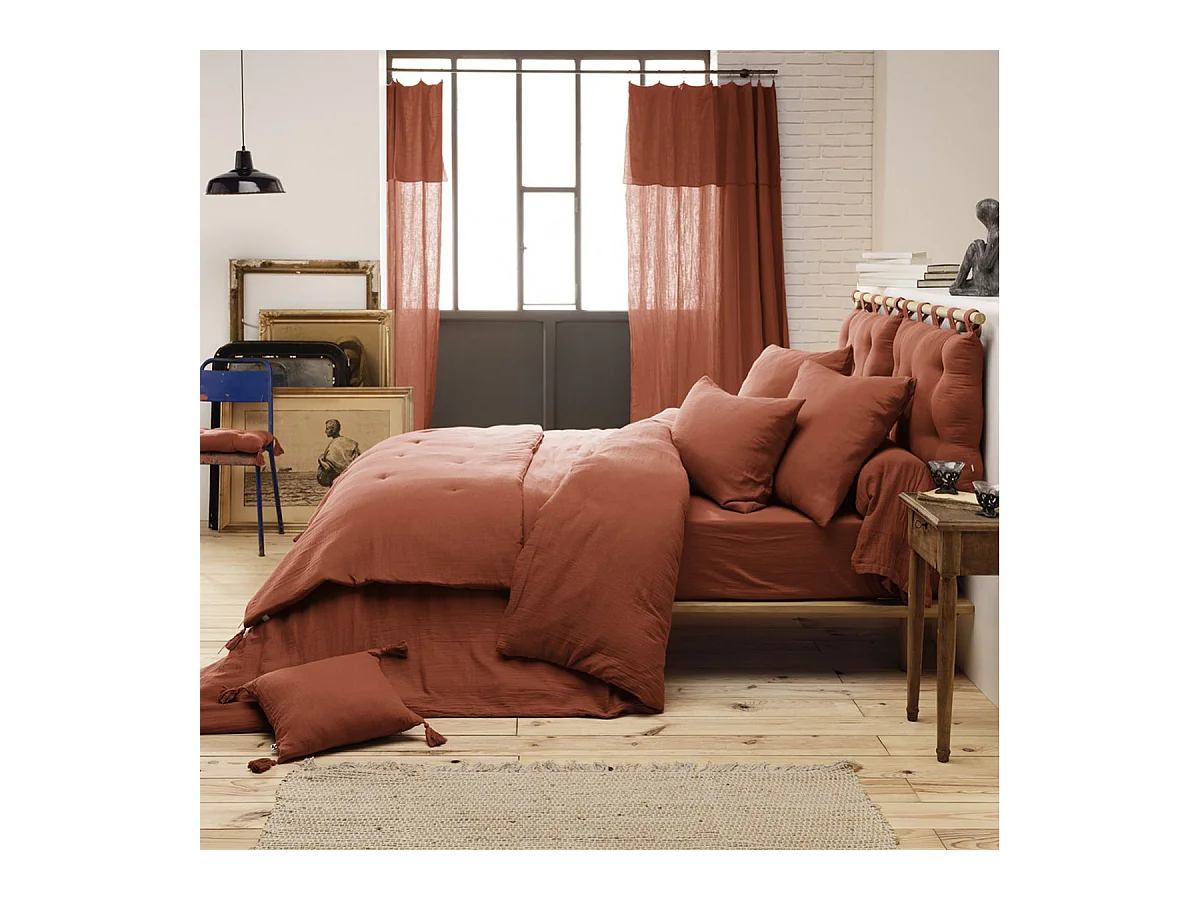 OUREA - Chemin de Lit 90x200cm Capitonné Gaze de Coton Terracotta
