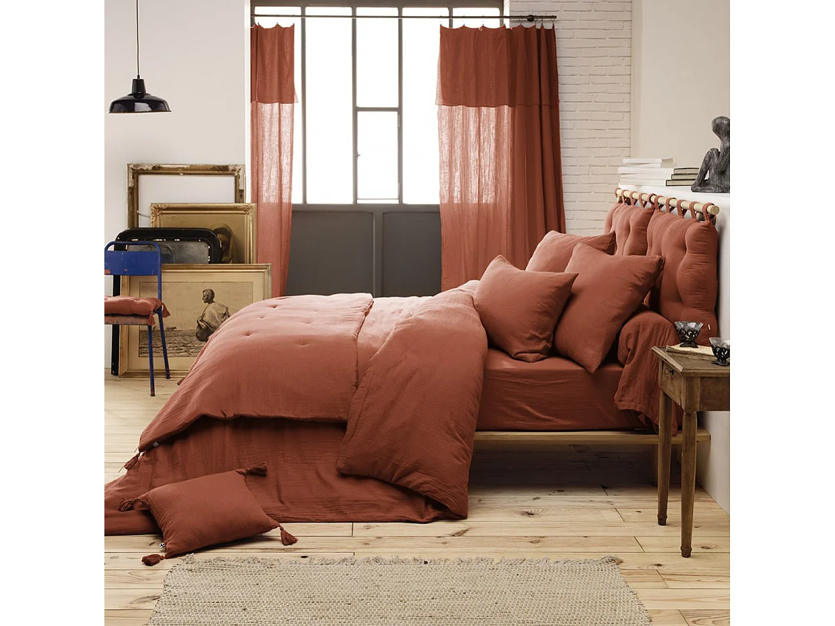 OUREA - Chemin de Lit 90x200cm Capitonné Gaze de Coton Terracotta