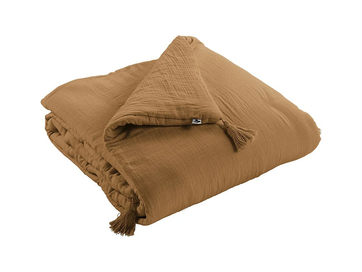 OUREA - Chemin de Lit 90x200cm Capitonné Gaze de Coton Camel