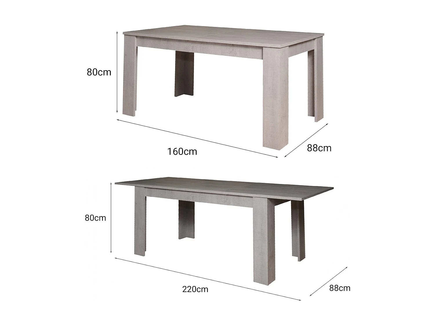Uitschuifbare tafel 0, Uitschuifbare eettafel, Multifunctionele console met verlengstukken, 160x88h75 cm, Cement