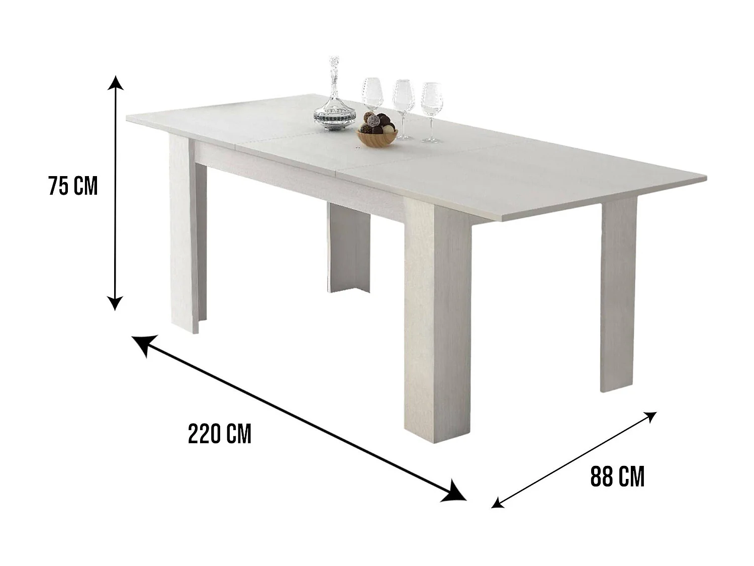 Ausziehbarer Esstisch, Ausziehbare Konsole, Moderner Tisch mit Auszug, 160 / 220x88h80 cm, Farbe WeiÃŸ
