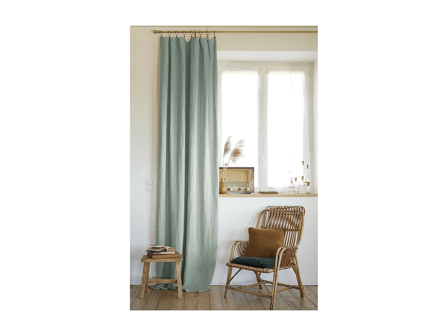 MARGAUX - Rideau Ajustable 140x270cm Lin Lavé Eucalyptus + 8 Anneaux Pince