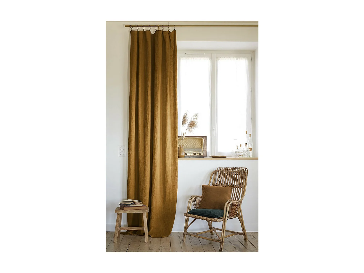MARGAUX - Rideau Ajustable 140x270cm Lin Lavé Caramel + 8 Anneaux Pince