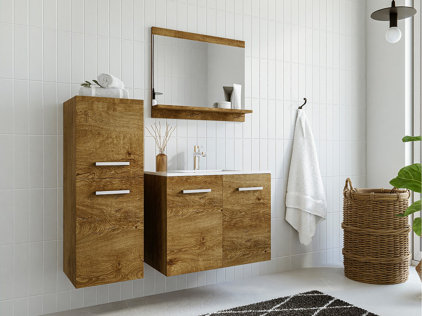 Colonne de salle de bain suspendue, coloris naturel foncé, L30 x P30 x