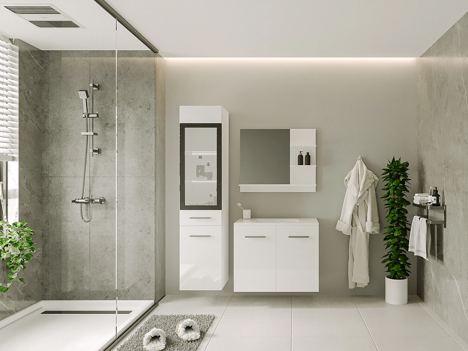 Colonne de salle de bain avec Leds blanches - Coloris blanc - L30 x l30 x H132 cm - LAURINE II
