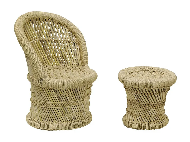 Fauteuil et tabouret pour enfant en roseau (Lot de 2)