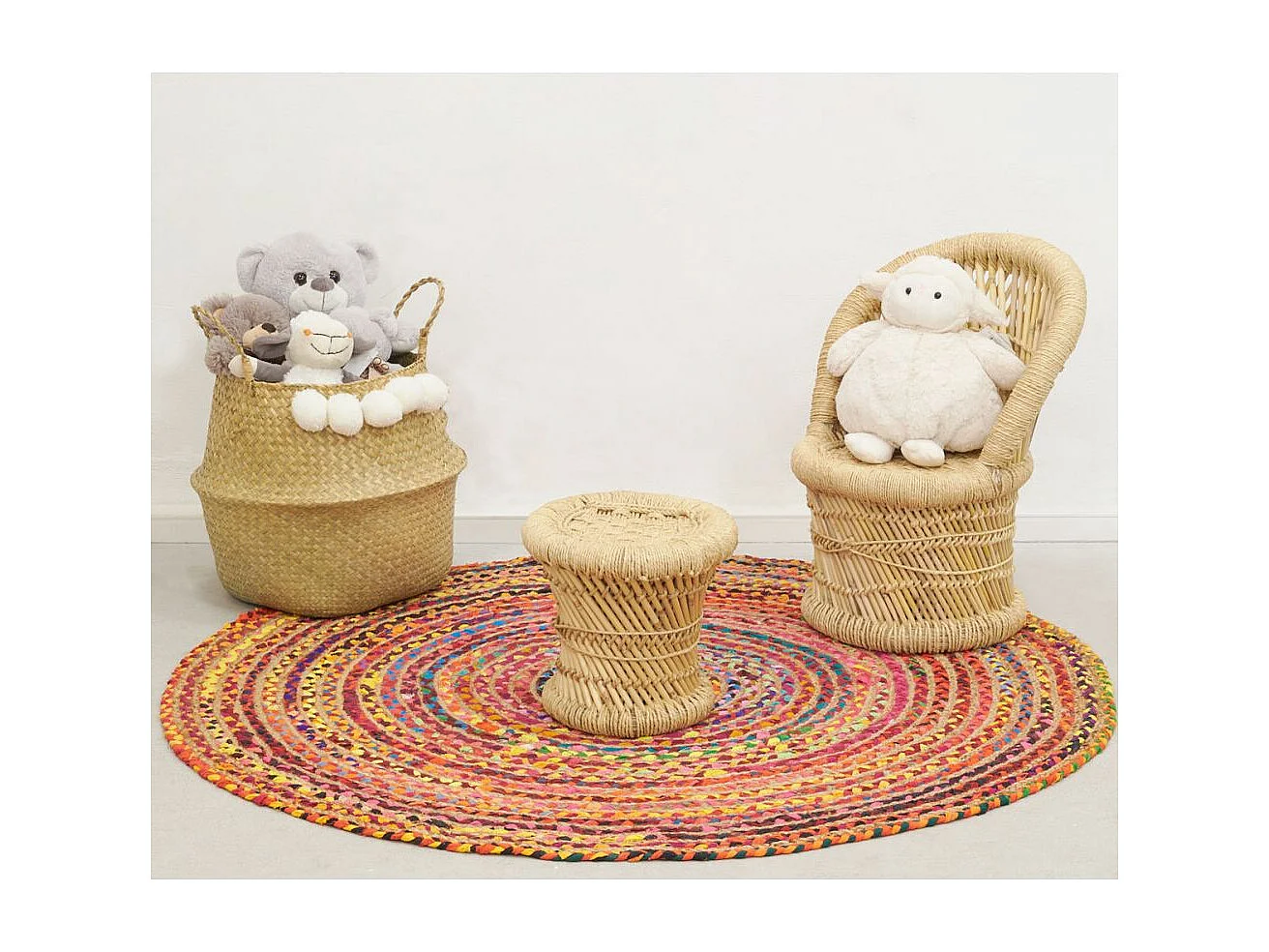 Fauteuil et tabouret pour enfant en roseau (Lot de 2)