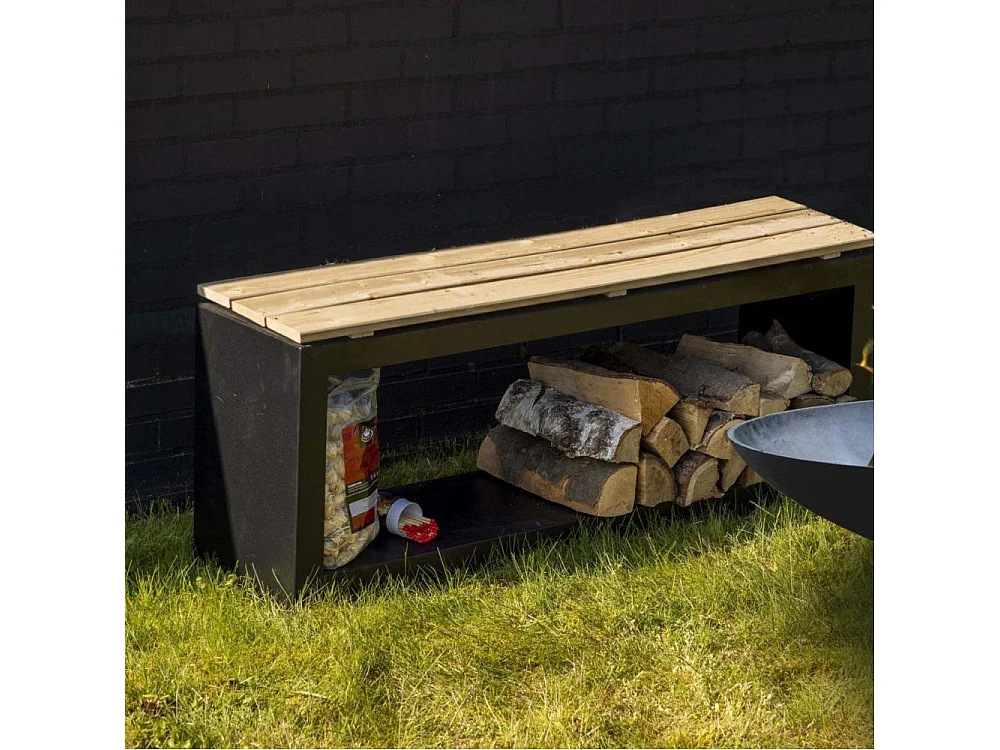 Banc acier et bois avec rangement à bûches Droit